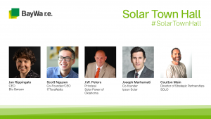 BayWa r.e. Solar Town Hall Meeting. Panelists from Blu Banyan, 17TeraWatts, Solar Power of Oklahoma, Ipsun Solar, and SOLO