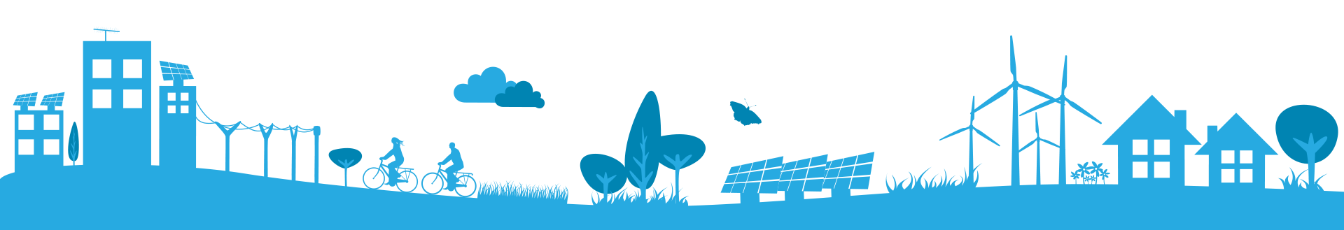 Illustration: Community with energy efficient buildings, solar panel array, wind turbines, trees, flowers, and people riding bicycles.