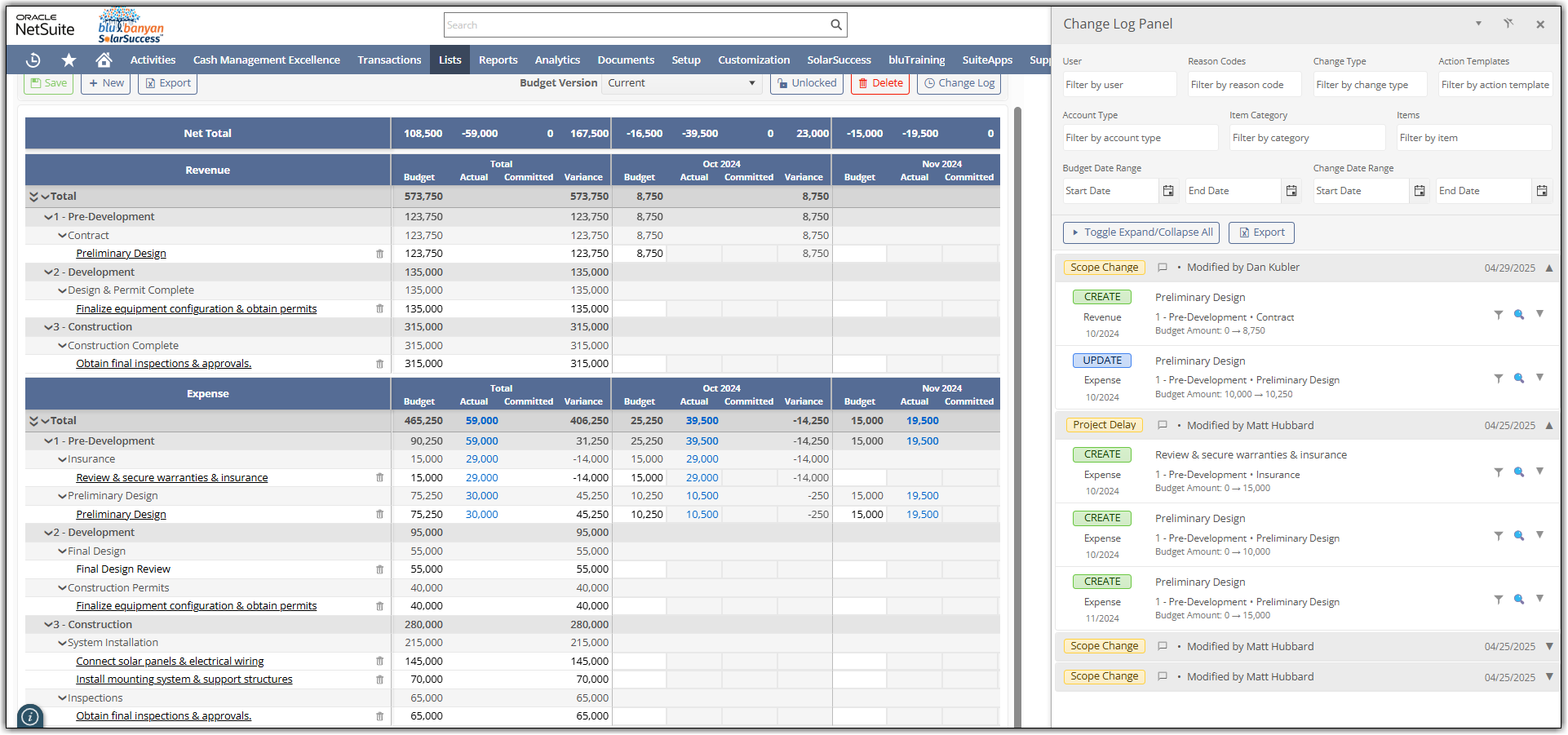 The SolarSuccess Budget Change Log provides the details behind every budget change, available side-by-side with your project budget