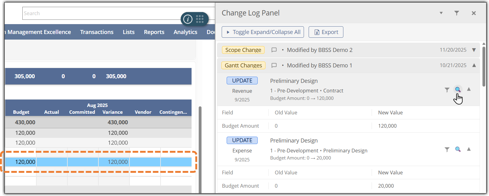 Automatic change log highlights the cell that changed
